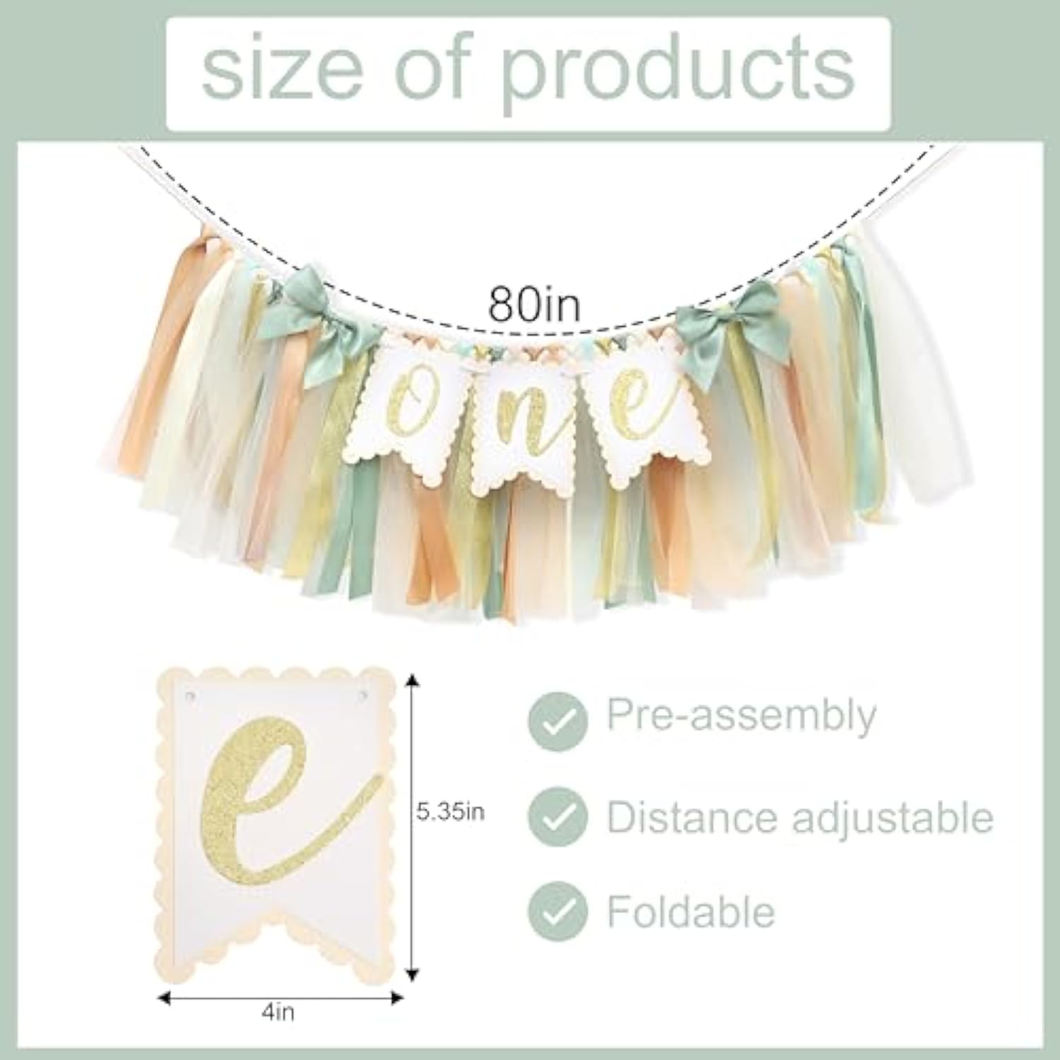 Sage Green One High Chair Banner - Simple 1St Birthday Party Decorations,First Birthday Highchair Garland For Cake Smash,Sage Green Gold Ivory Ribbon Banner,Rustic Party Photo Backdrop