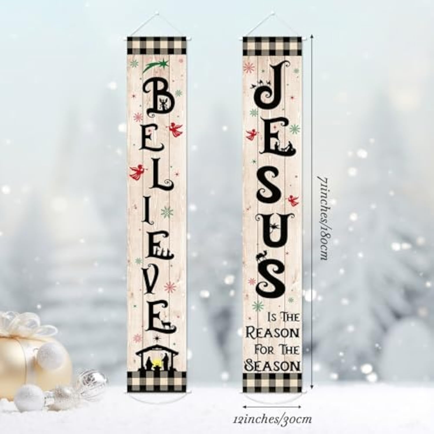 Christmas Jesus Door Banner Porch Sign Jesus Is The Reason For The Season Religious Hanging Decorations Xmas Nativity Scene Black White Buffalo Plaid Banner Flag For Holiday Home Outdoor Wall