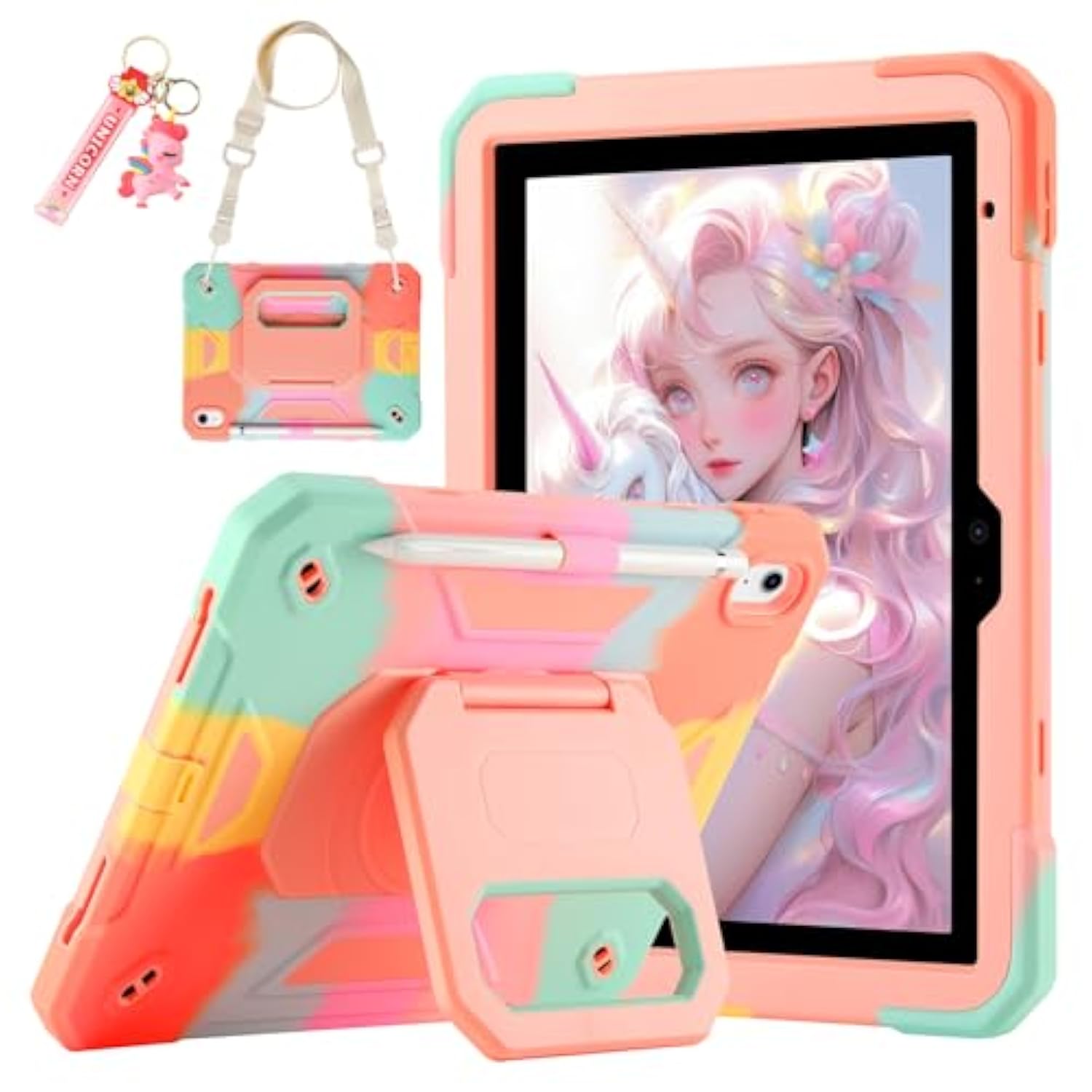 For (A16) 11Th Generation 11 Inch 2025/ Case 10.9 Inch 2022 With 360 Rotating Grip Magic Stand,Pen Slot/Key Chain/Shoulder Strap,Case For 10Th Gen (Colorful Pink)