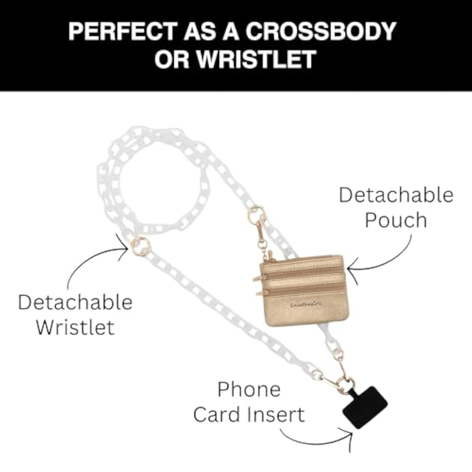 Clip And Go Phone Chain With Pouch (White - Gold Pouch) – Stylish Phone Lanyard Crossbody With Wallet For Women, Hands-Free Carrying And Adjustable Crossbody Chain Strap