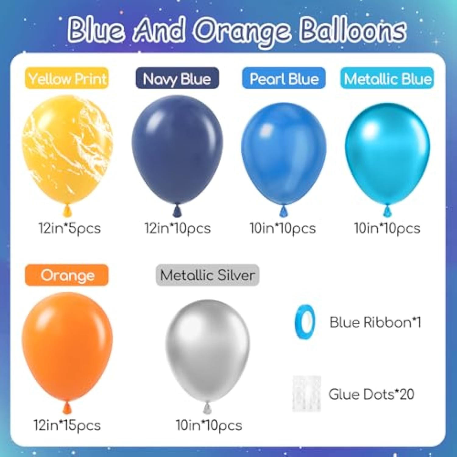 60-Pc Space Balloon Set Silver, Blue, Yellow & Orange Party Decor