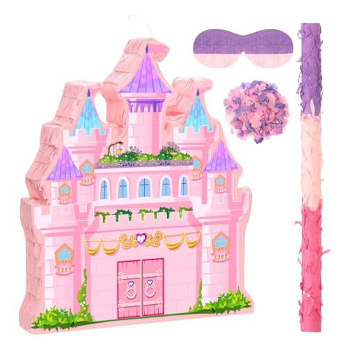 Princess Castle Pinata - Cute Pink Castle Pinata with Blindfold and Bat for Girls Birthday, Baby Shower, Cinco De Mayo Mexican Fiesta Events, Girls Children’s Day Princess Themed Party Favors