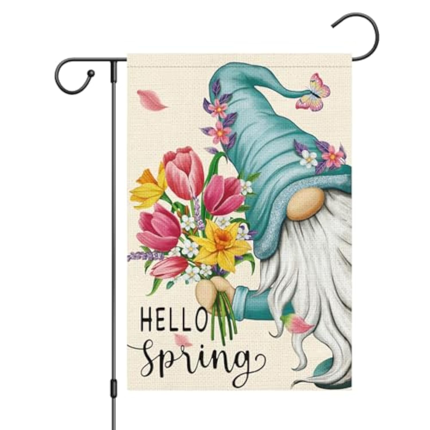 Hello Spring Gnome Garden Flag 12X18 Double Sided Burlap Butterfly Floral Garden Yard Banner For Summer Rustic Seasonal Outside Outdoor House Decoration (Only Flag)