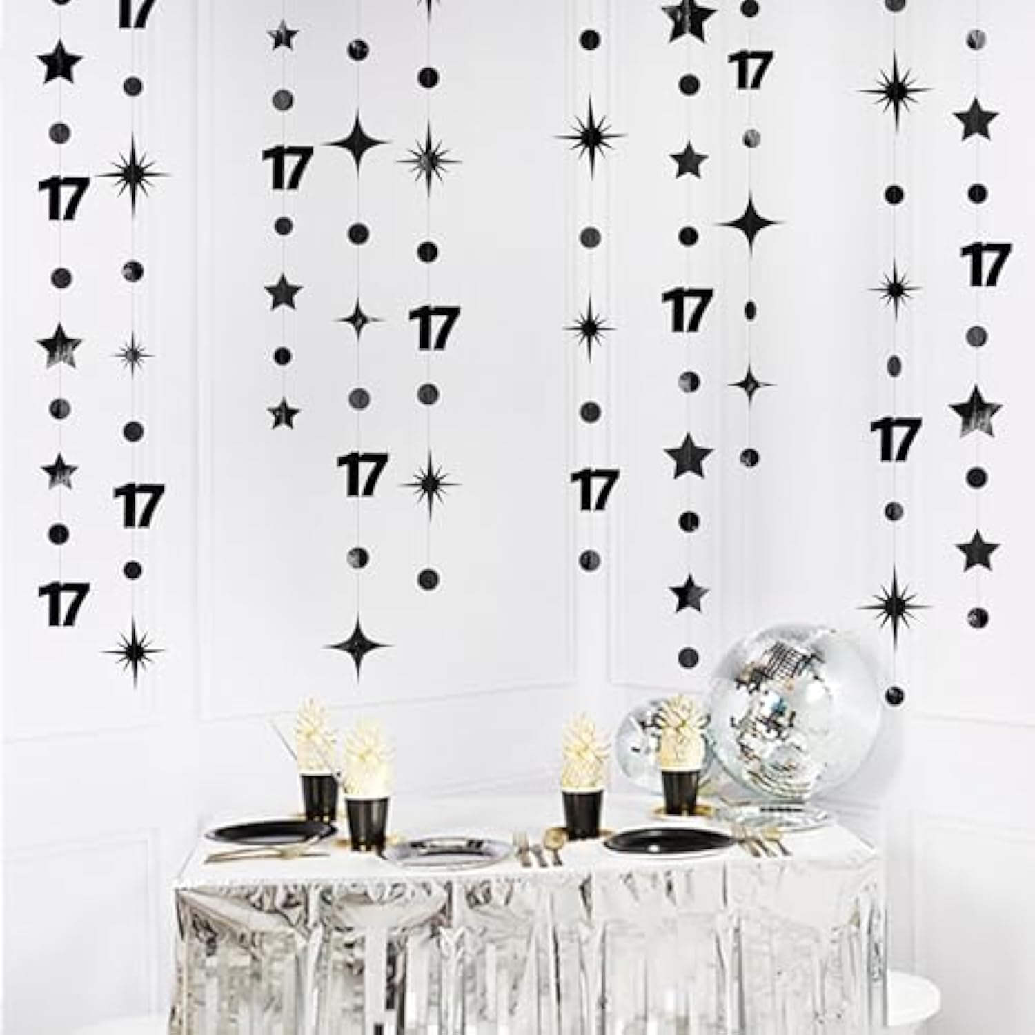Black 17th Birthday Garland: Metallic Star, Dot & Number Party Decor