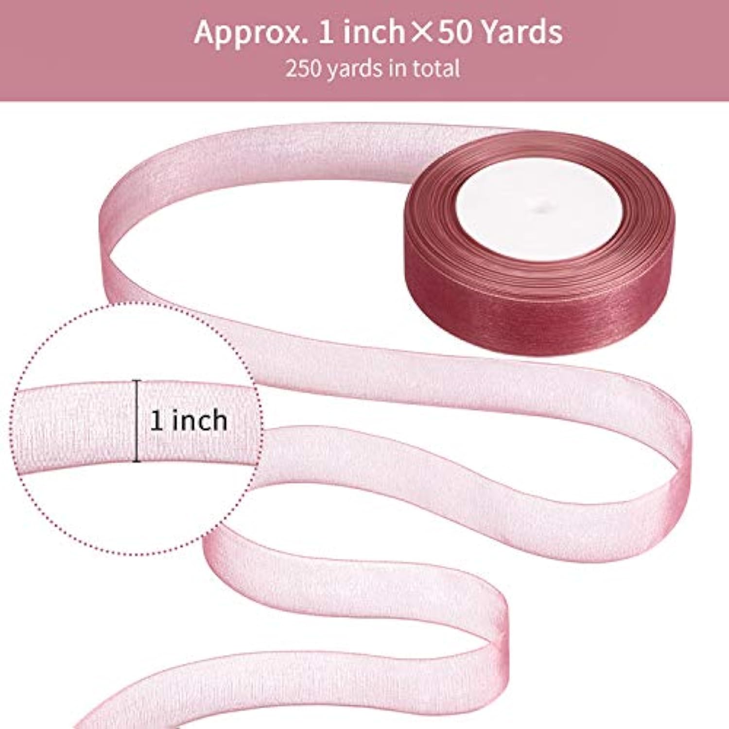 50 Yard Organza Ribbon Sheer Chiffon Stain Ribbons Dusty Rose Fading R