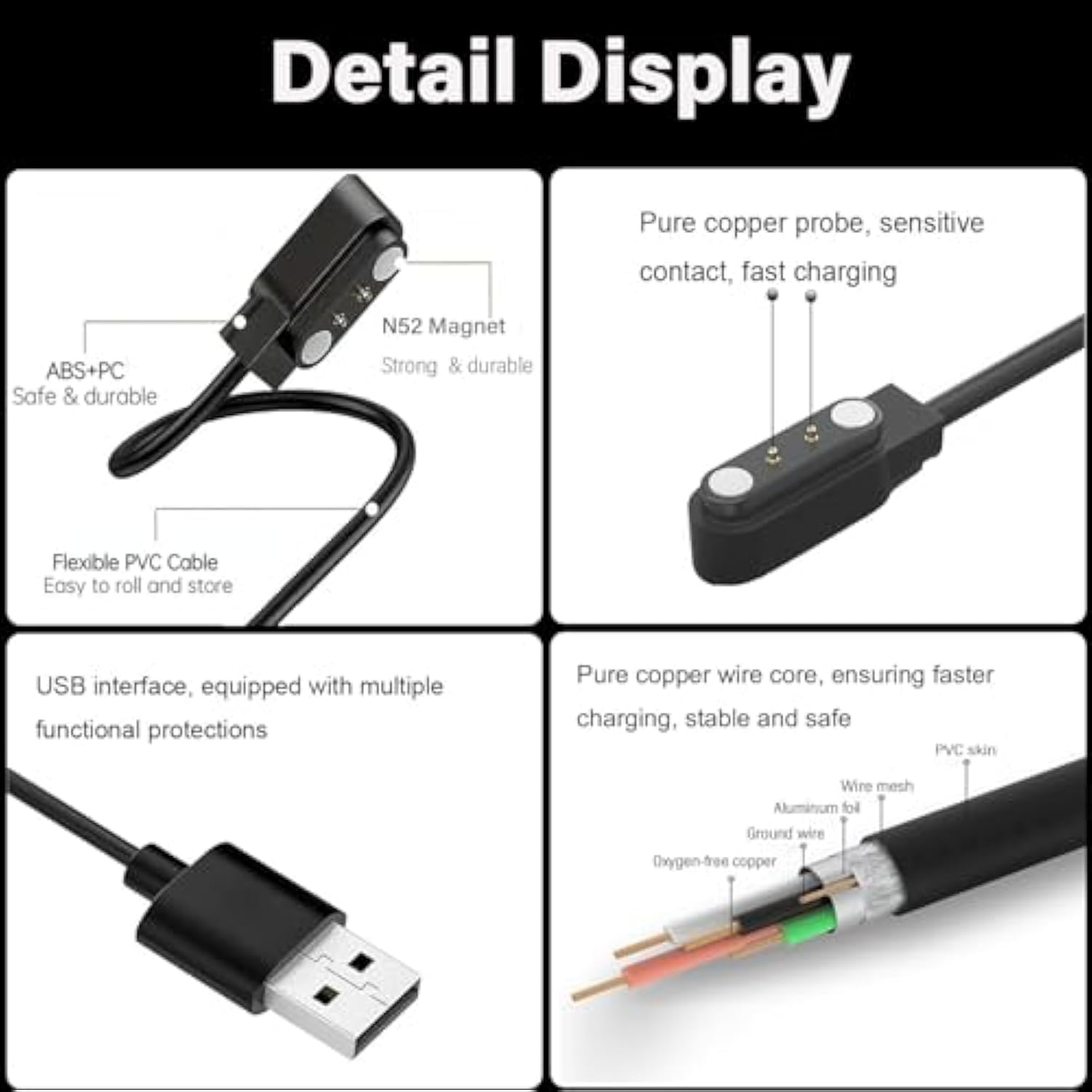 2-Pack Magnetic Cables Compatible With Eigiis Ke2 Ke3 Ke5 Ew5 Smart Watch Charger Usb Charging Cable (Black&Black)