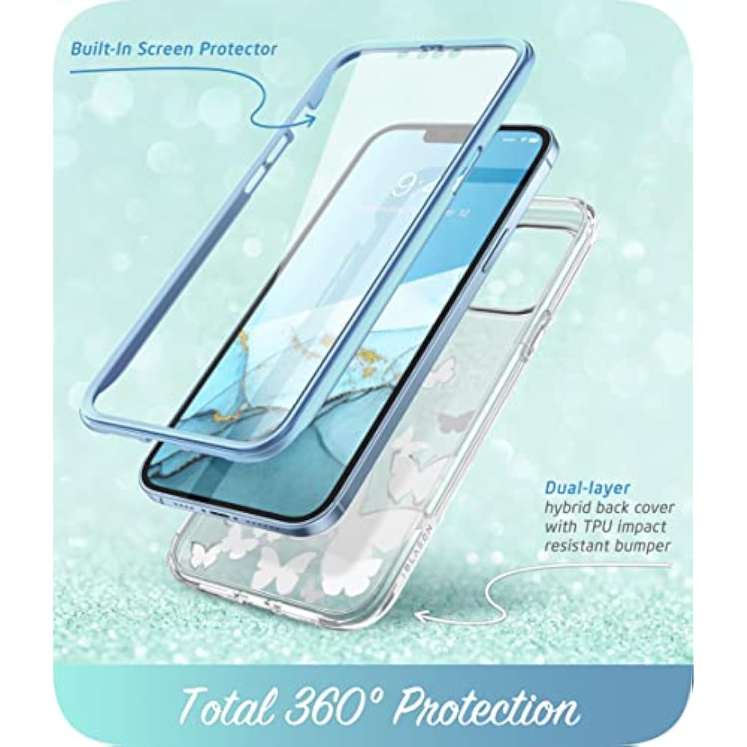i-Blason Cosmo for iPhone 13 Pro Max Case [Built-in Screen Protector] [Military-Grade Protection] Slim Full-Body Stylish Protective Shockproof Phone Case for iPhone 13 Pro Max (Blue Butterfly)
