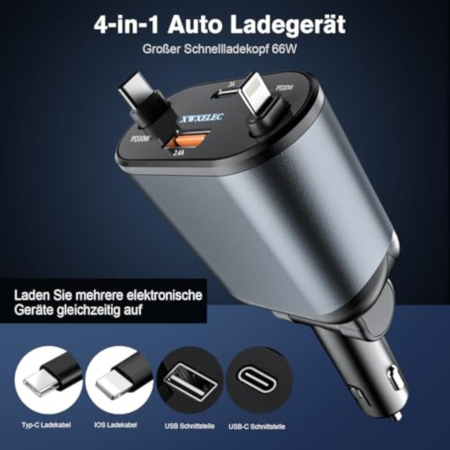4 In 1 Retractable Car Charger, Usb C Fast Charging Adapter[Max80W] With Usb-I Cable&Dual Charge Port Compatible With Iphone 16/15/14/13/12/11 Pro Max Plus/Ipad/Airpods,Galaxy,Google, Gps?Usb-C/Usb-I?