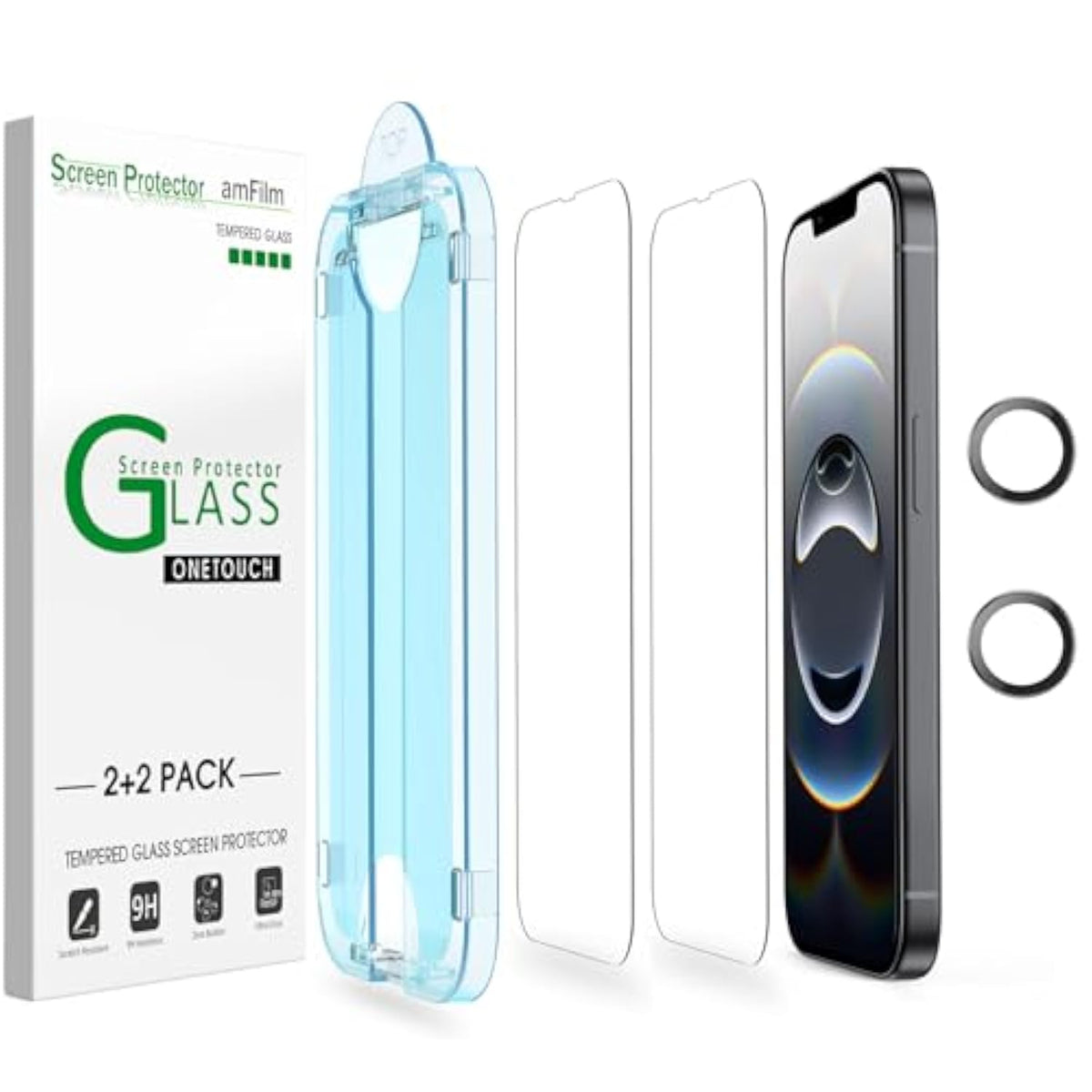 Amfilm Auto-Alignment Onetouch For 16E [6.1''] Screen Protector + Camera Lens Protector, Tempered Glass, 30 Seconds Installation, Bubble Free, Case Friendly, Anti-Scratch [2+2 Pack]
