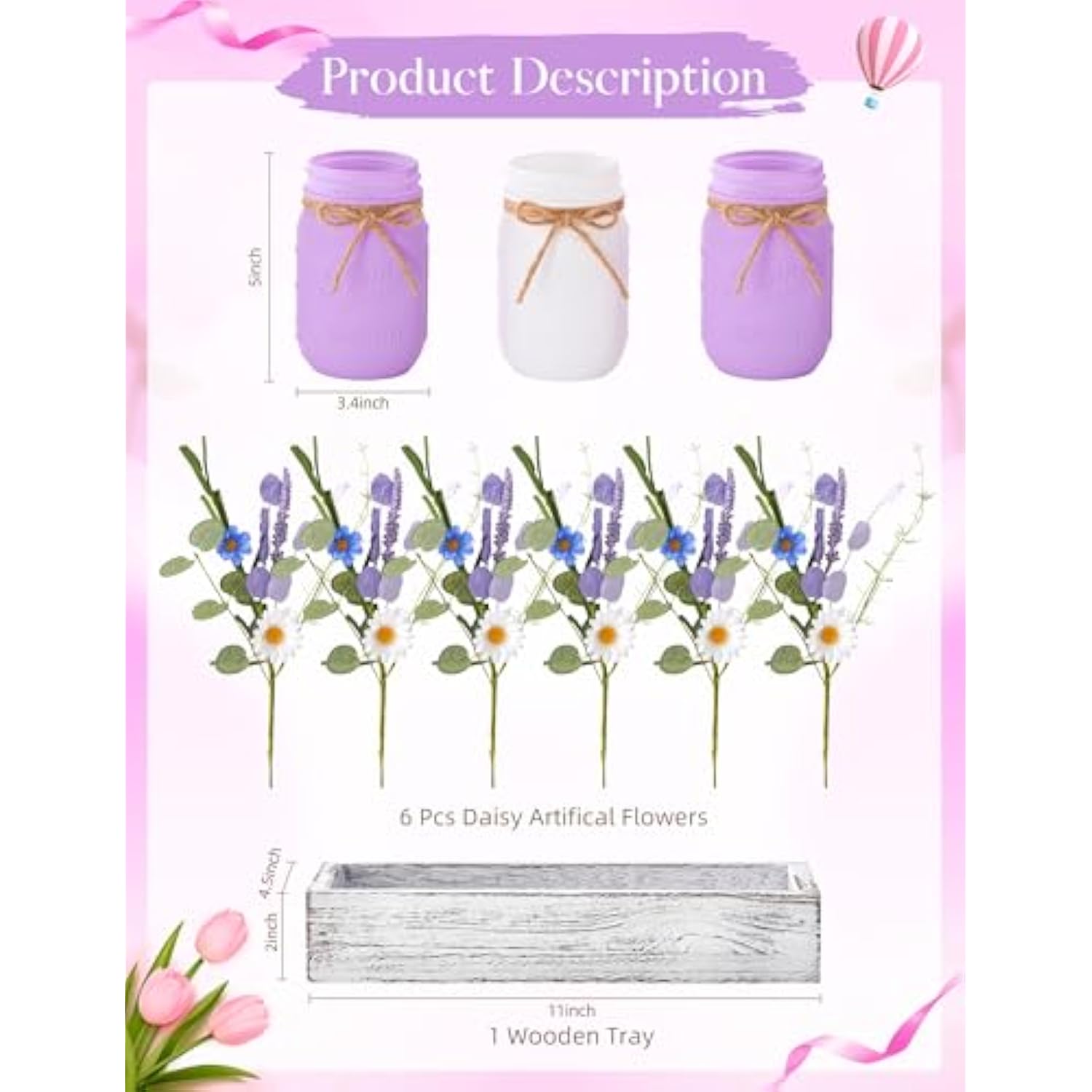 Mason Jar Spring Easter Centerpieces For Tables, Table Decor With Daisy Artificial Flowers, Farmhouse Wood Tray, Spring Table Centerpiece, 10 Pcs Spring Decorations For Home, Kitchen, Office