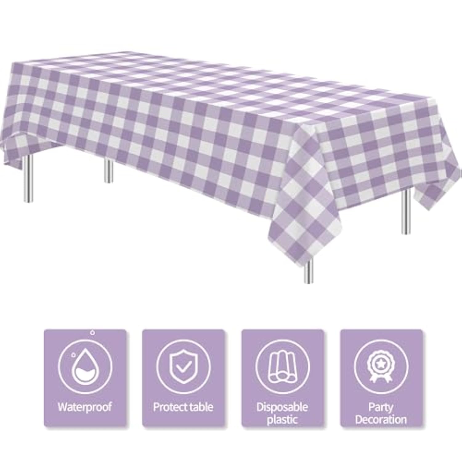 Light Purple Gingham Party Tablecloth Decorations, 3 Pack Purple Checkered Disposable Plaid Party Supplies Tablecover, For Birthday Baby Shower Bridal Wedding, 55In X 86In