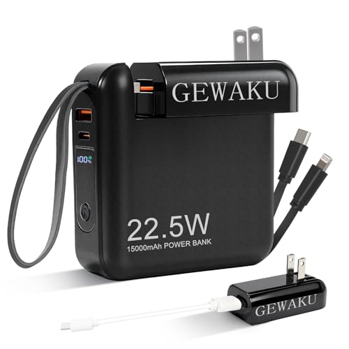 Portable Charger with Wall Plug 15000mAh Power Bank 22.5W Fast Charging Built-in Cables, 3-in-1 Compact USB-C Battery Pack Travel Essentials for