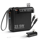 Portable Charger with Wall Plug 15000mAh Power Bank 22.5W Fast Charging Built-in Cables, 3-in-1 Compact USB-C Battery Pack Travel Essentials for