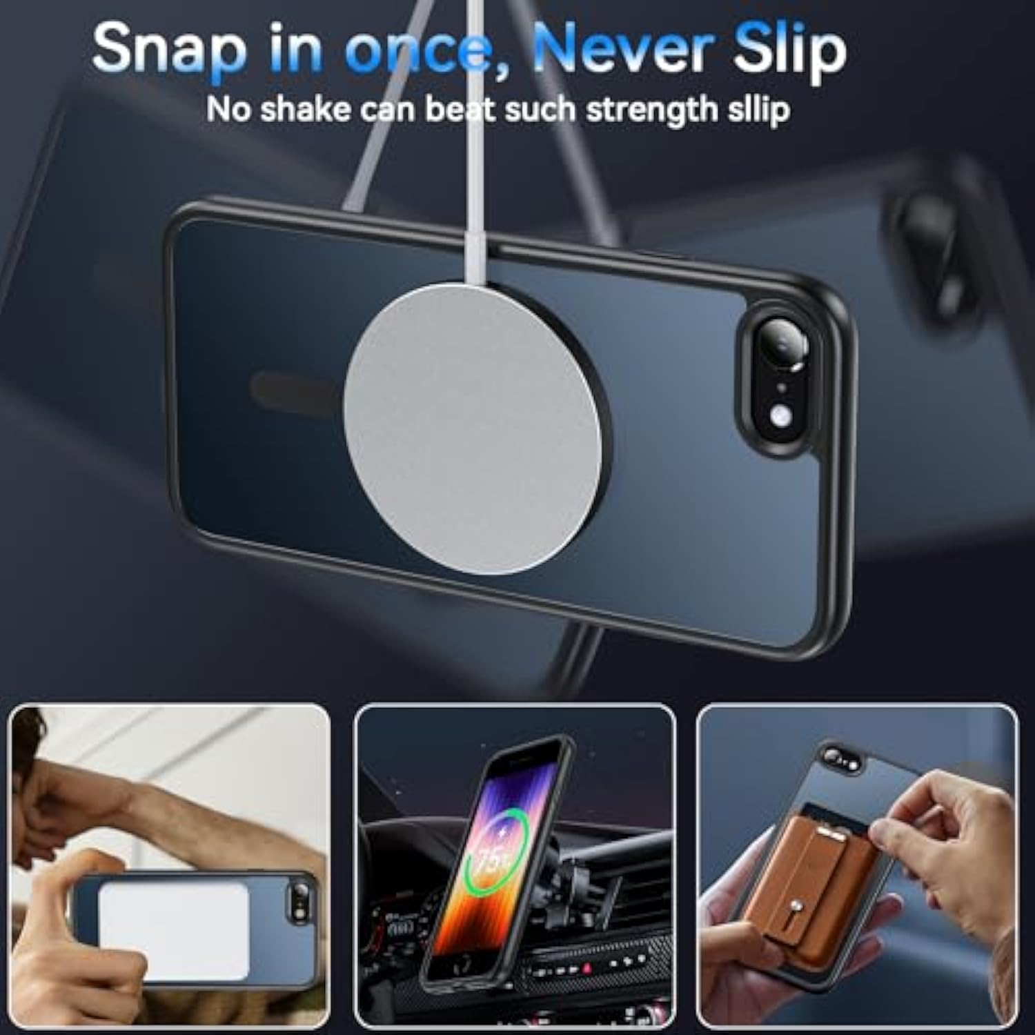 For Iphone Se Case, Magnetic Iphone Se 2022 (3Rd)/2020 (2Nd)/Iphone 8/7 Case For Compatible Magsafe With Tempered Glass, [Shockproof Military] Translucent Back Slim Bumper Cover Phone Case,Black