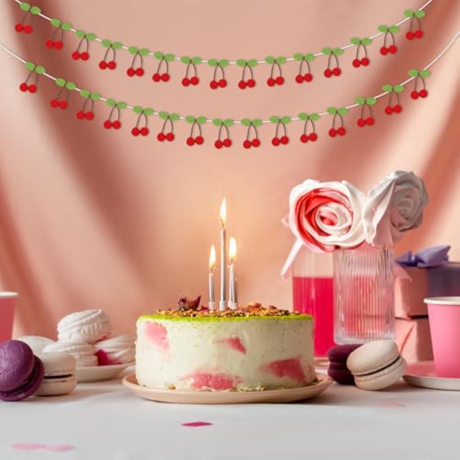 3 Pcs Cherry Garland Decoration Diy Felt Pom Pom Fruit Hanging Decor Cherries Birthday Garlands Banner Cherries Party Decoration For Birthday Wedding Baby Shower Christmas Home Decor