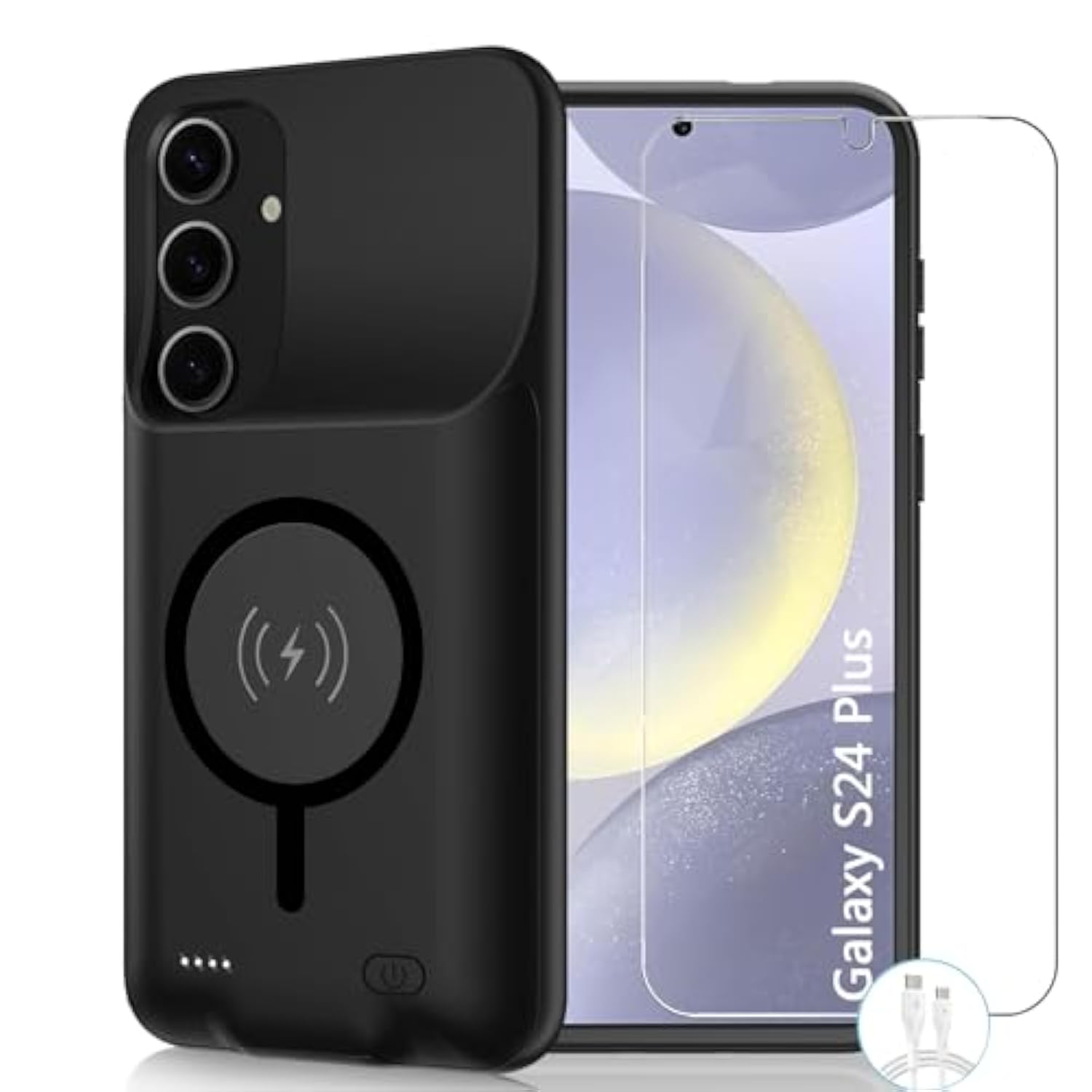 Battery Case For Galaxy S24 Plus,High Capacity 12000Mah Extended Portable Protective Charging Case Backup Compatible With Galaxy S24 Plus Wireless Charger Case With 1X Screen Protector & Cable-Black