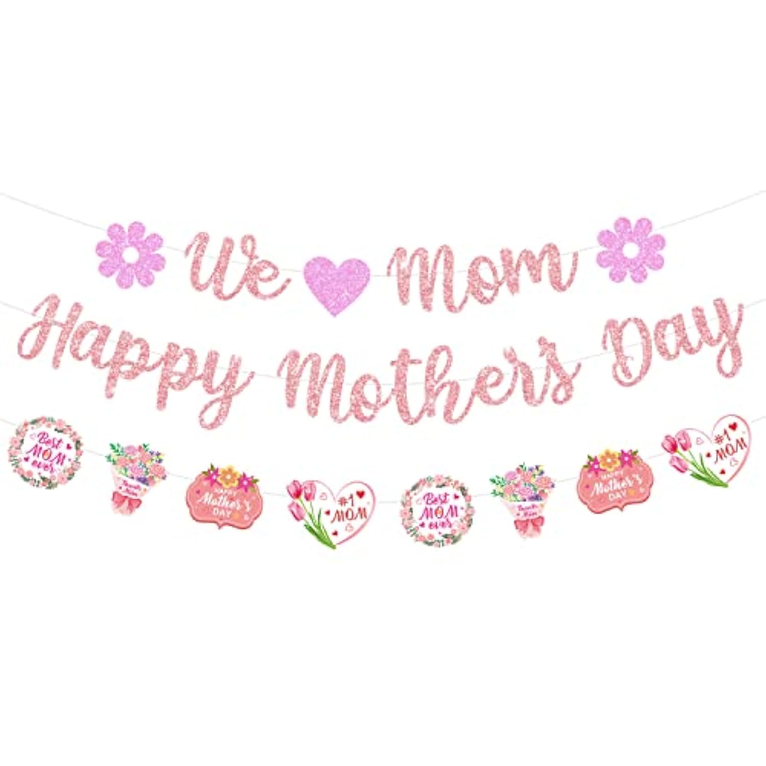 Glittery We Love Mom Happy Mother'S Day Banner With Heart Flowers Rose Gold Mothers Day Garland Banner Best Mom Ever Mom'S Day Party Fireplace Mantle Decorations Mother'S Day Photo Booth Props