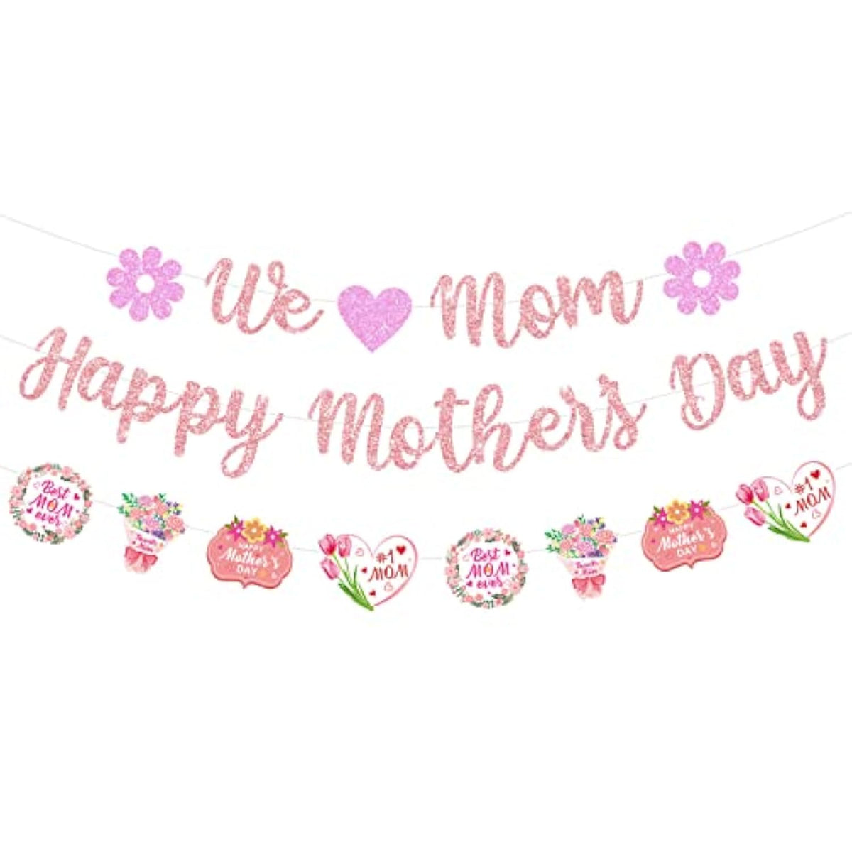 Glittery We Love Mom Happy Mother'S Day Banner With Heart Flowers Rose Gold Mothers Day Garland Banner Best Mom Ever Mom'S Day Party Fireplace Mantle Decorations Mother'S Day Photo Booth Props
