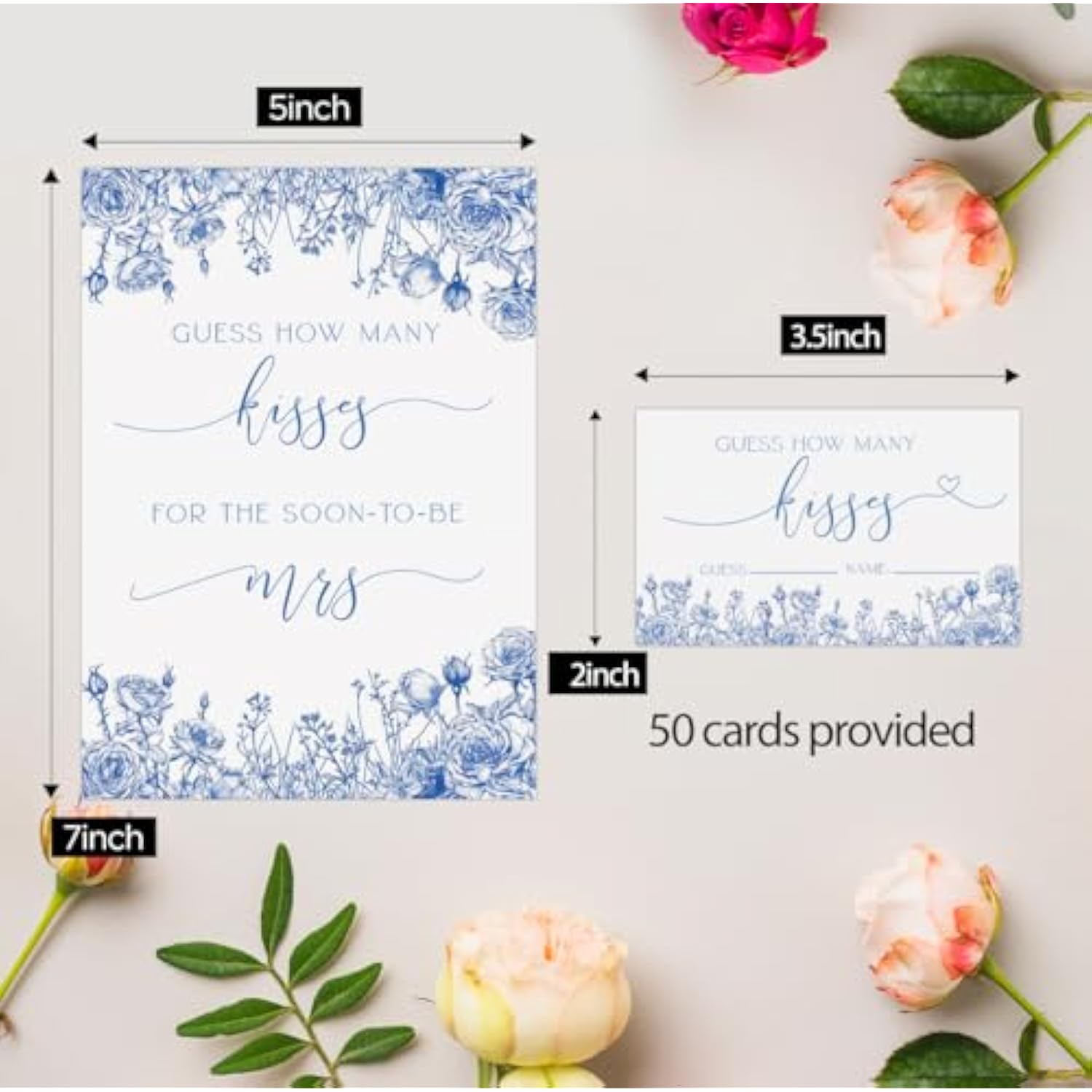 How Many Kisses Bridal Shower Game (1 Sign + 50 Cards), Blue Floral Bridal Shower Games, Something Blue Before I Do Decorations, Bachelorette Guessing Game, Kisses In The Jar Sign -Ghmk07