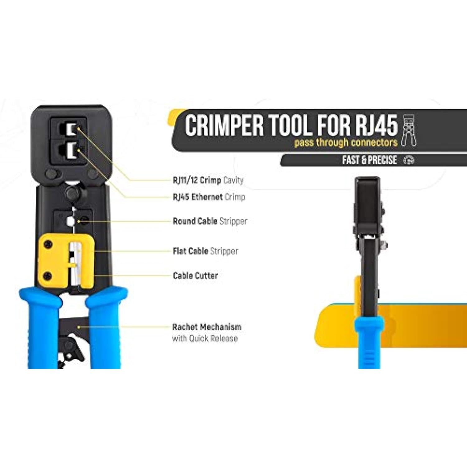 Bundle – 2 Items: Rj45 Crimp Tool + Rj45 Cat6 Pass Through Connectors And Stra