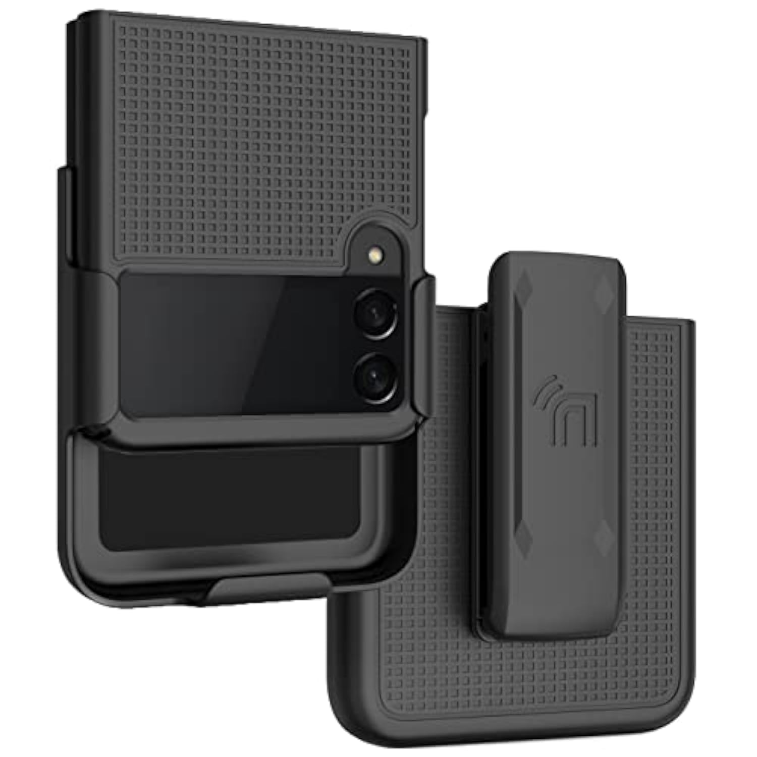 Case With Clip For Galaxy Z Flip 3 5G, Nakedcellphone [Grid Texture] Slim Hard Shell Cover And [Rotating/Ratchet] Belt Hip Holster Holder Combo For Samsung Z Flip3 Phone (Smf711, 2021) Black