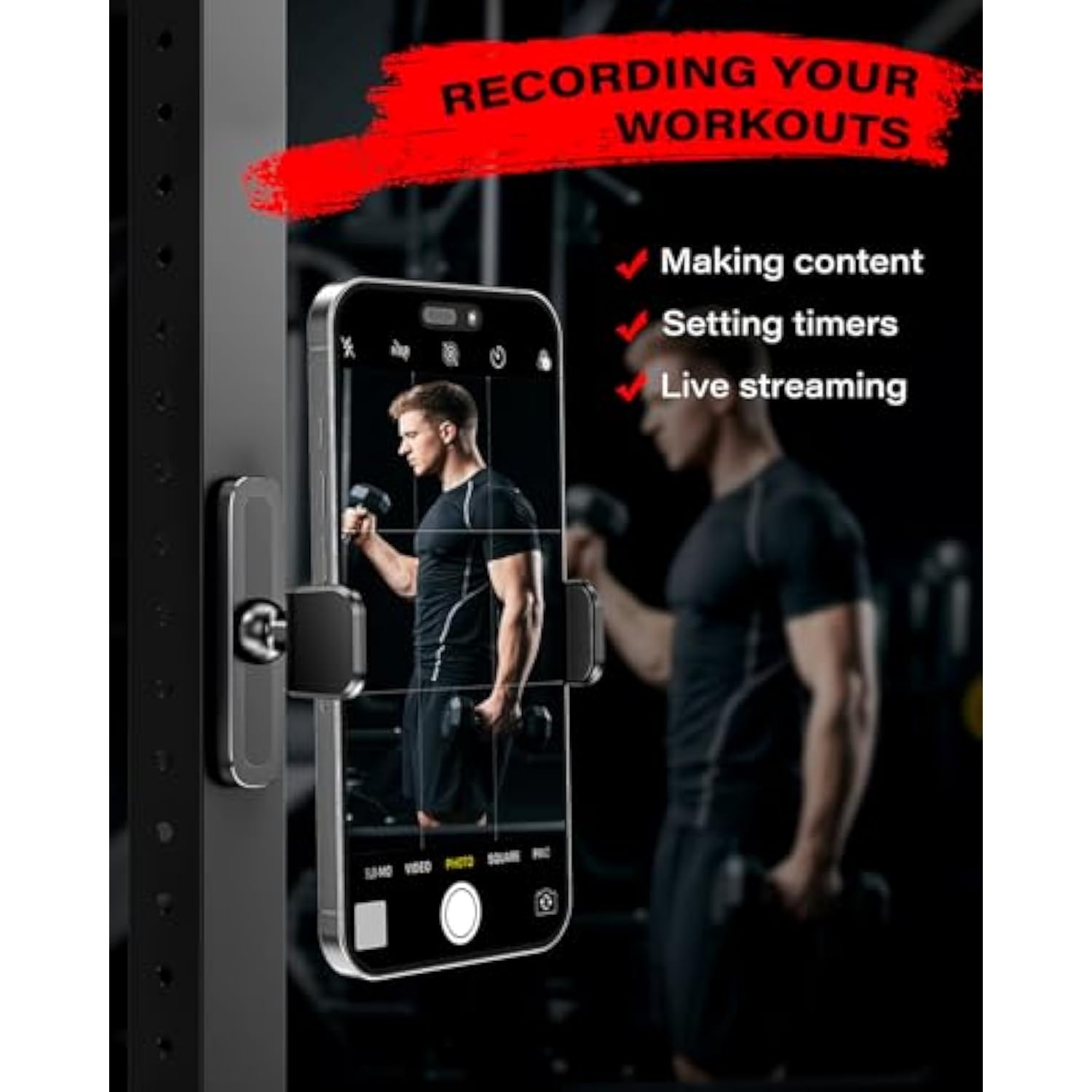 Gym Magnetic Phone Holder, 360 Adjustable, Compatible With 4.7-6.5" Smartphones, Alloy Base And Joint, Black