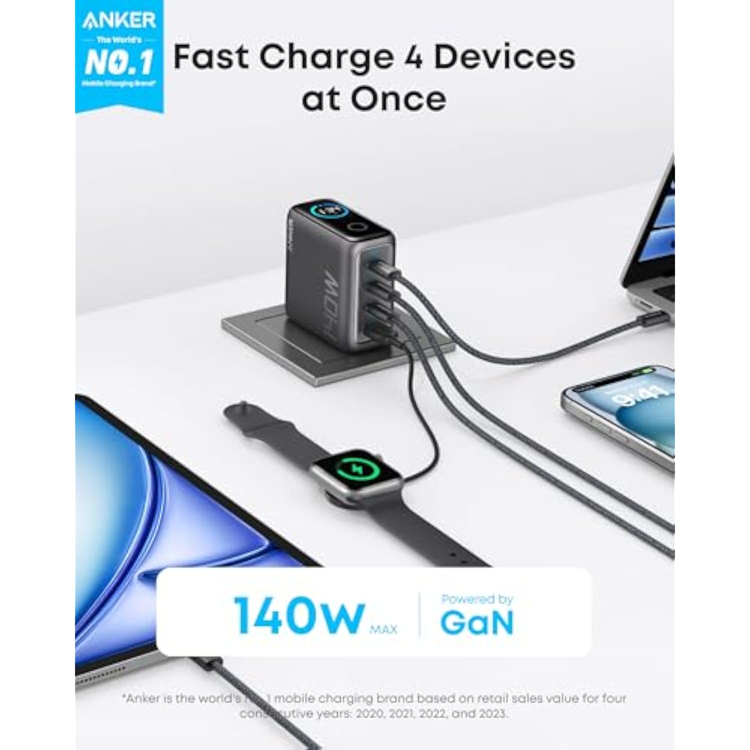 Anker Laptop Charger, 140W MAX USB C Charger, 4-Port Multi-Device Fast Charging, Advanced GaN Power Adapter, Intuitive Touch Controls, for MacBook, iPhone 16 Series, Samsung Galaxy, Pixel, and More