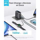 Anker Laptop Charger, 140W MAX USB C Charger, 4-Port Multi-Device Fast Charging, Advanced GaN Power Adapter, Intuitive Touch Controls, for MacBook, iPhone 16 Series, Samsung Galaxy, Pixel, and More