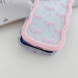 Cute Bow Case For Iphone 16 Plus, Clear Ribbon Bow Pattern Curly Wave Edge Aesthetic Transparent Phone Case, Slim Shockproof Protective Phone Cover For Women Girls - Pink