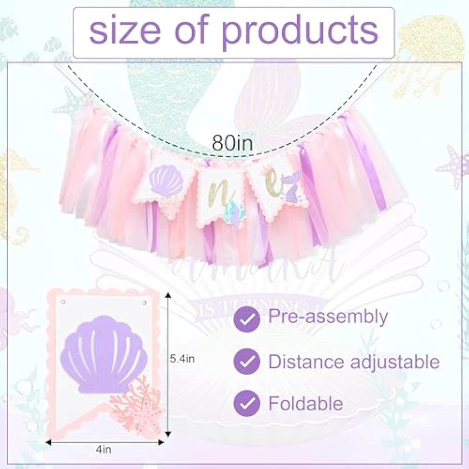 Mermaid 1St Birthday High Chair Banner - Under The Sea First Birthday Party Decoration, Mermaid Theme One Party Banner, Cake Smash Photo Props For Girl