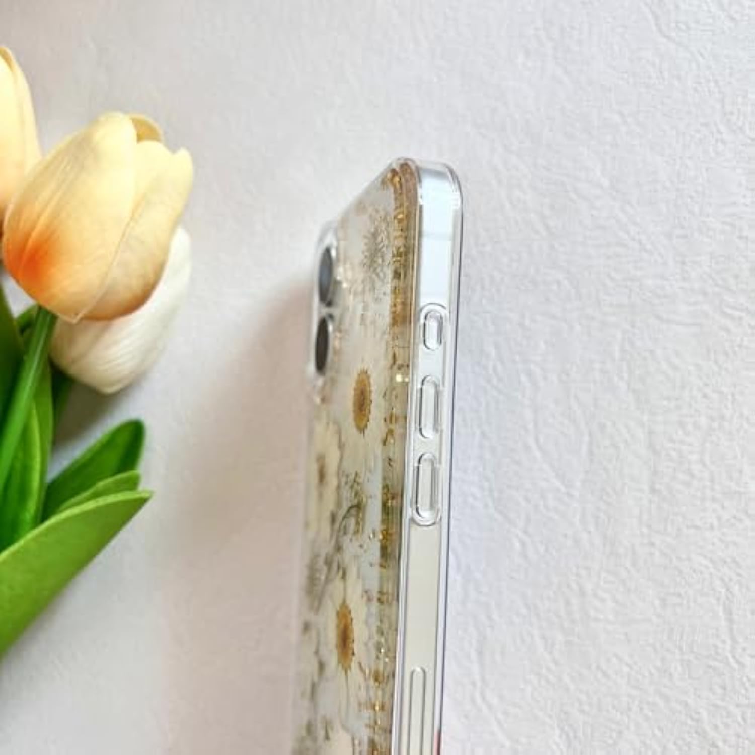 iPhone 16 Clear Case with Pressed Real Flowers, Glitter White Floral TPU Cover