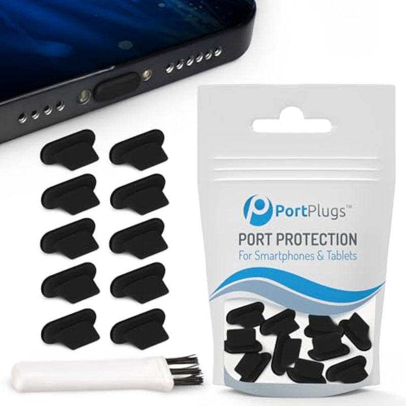 PortPlugs Anti Dust Plugs (10 Pack) - includes Charging Port Cleaning Brush - Flat Design Port Protector Cover - Compatible w/iPhone 14, 13,12,11 & Air Pods - Black