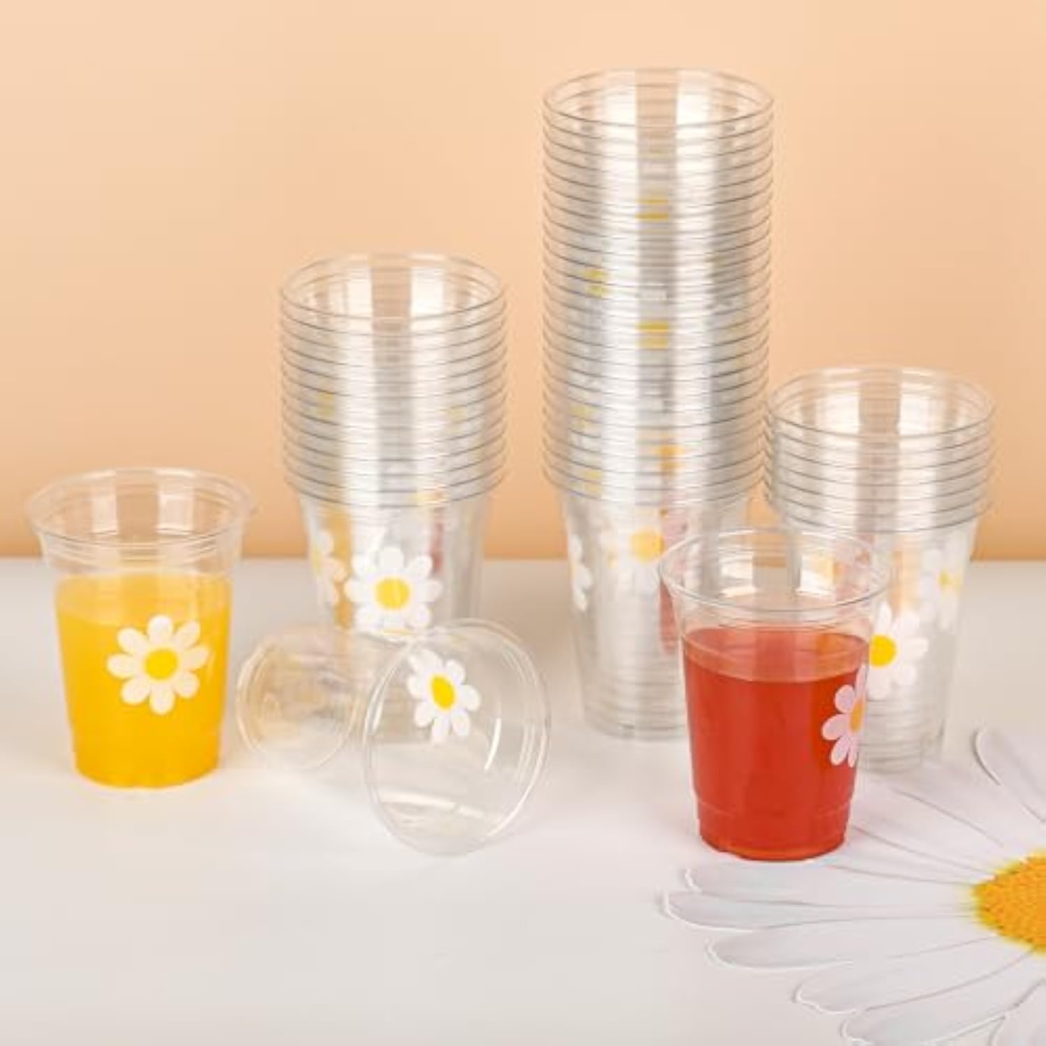 Daisy Plastic Cups Groovy Party Cups Disposable 12 Oz White Flower Cold Drinking Cups For Hippie Boho Party Decor Spring Birthday Baby Shower Supplies (50)