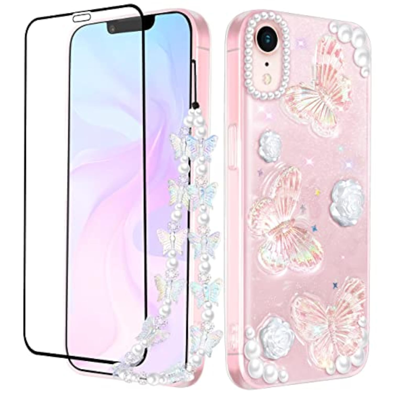 (3In1 Case For Apple Iphone Xr Butterfly Glitter Handmade Sequin Sparkle Pretty For Women Girls Clear Design Crystal Pearl Sparkly Cute Girly Phone Cases+Chain+Screen Protector