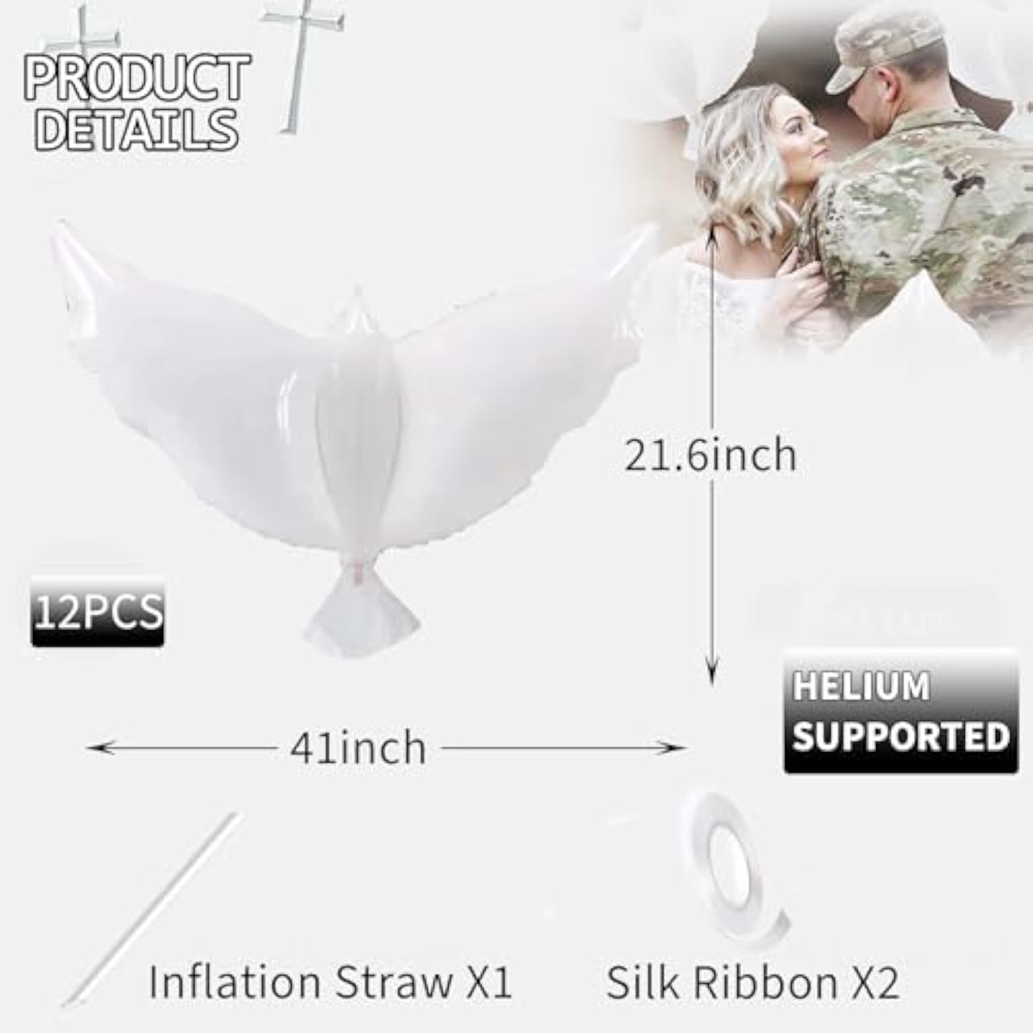 12Pcs 36-Inch White Dove Balloons for Wedding, Memorial, and Party Decor