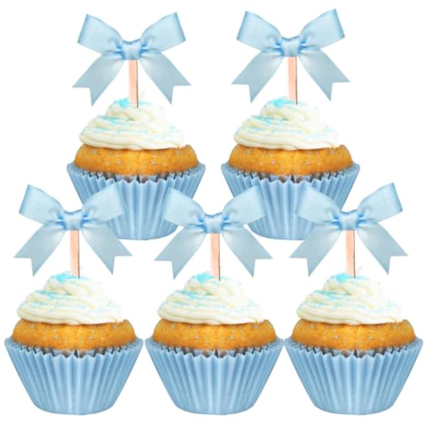 24Pcs Blue Bow Cupcake Toppers Blue Bow Birthday Decorations For Coquette Bridal Baby Shower Wedding Themed Party Decorations Supplies (Blue)