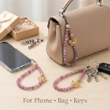 Beaded Phone Wrist Strap Gold Butterfly Charm Vintage Enamel Filigree Beads Chalcedony Beaded Lanyard for iPhone (Pink)