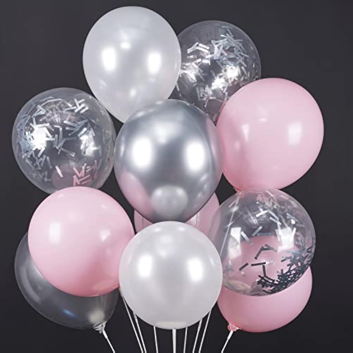 Pink Balloons Set, 60 Pcs Pink & White, Silver Metallic & Confetti, Latex, Birthday Party Decorations, Pink Party Decorations