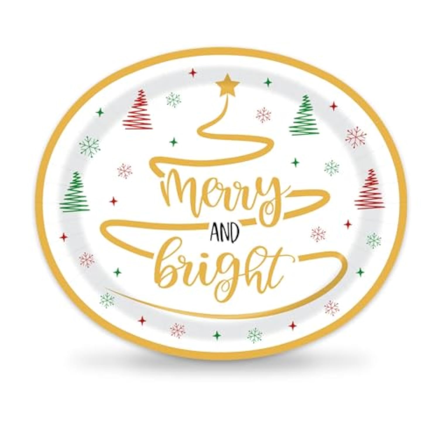 50 Pcs 10" X 12" Merry And Bright Disposable Paper Plates - Large Serving Dishes For Christmas, Xmas, Winter Holiday, Kitchen, Dinner Party Supplies