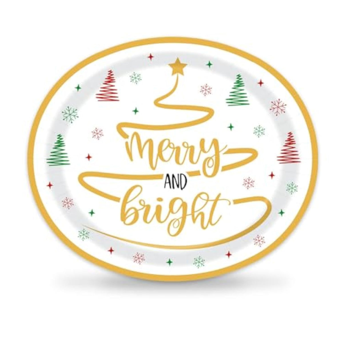 50 Pcs 10" X 12" Merry And Bright Disposable Paper Plates - Large Serving Dishes For Christmas, Xmas, Winter Holiday, Kitchen, Dinner Party Supplies