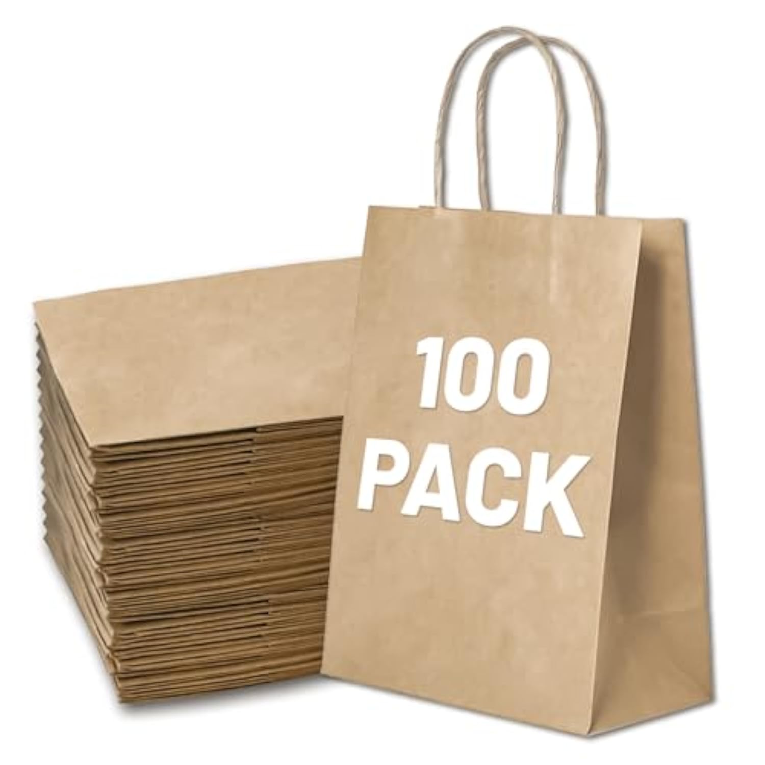 Gift Bags 8.25"X5.9 "X3.15" 100Pcs Brown Kraft Paper Bag With Handles For Small Business Christmas Bulk, Wedding, Party Favor, Shopping, Lunch, Halloween Trick-Or-Treat Bags