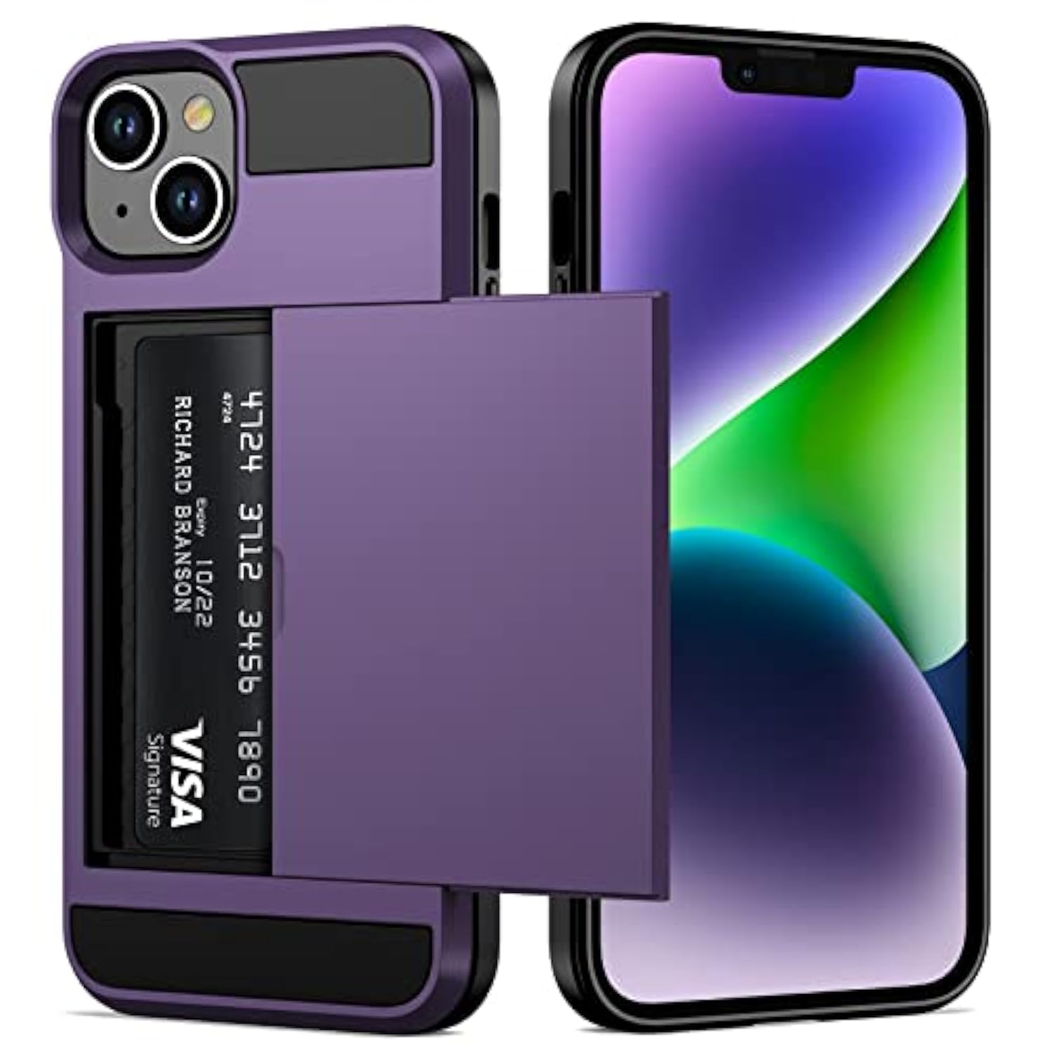 For Iphone 14 Case Wallet Credit Card Holder Id Slot Sliding Door Hidden Pocket Men Women Anti-Scratch Dual Layer Hybrid Bumper Armor Protective Shell Back Cover For Iphone 14 6.1" Greypurple