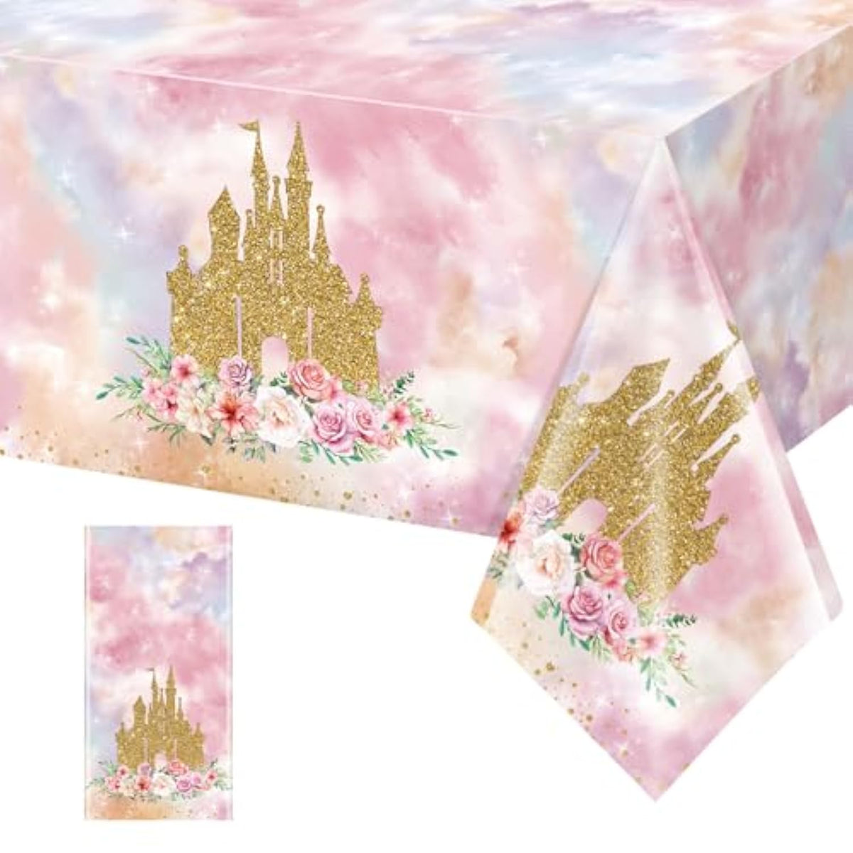 1 Pack Princess Tablecloths Birthday Decorations,Plastic Pink Rose Castle Table Cloth For Parties,Disposable Rectangle Floral Table Cover For Baby Shower Girls Birthday Party Supplies,54X108 Inch