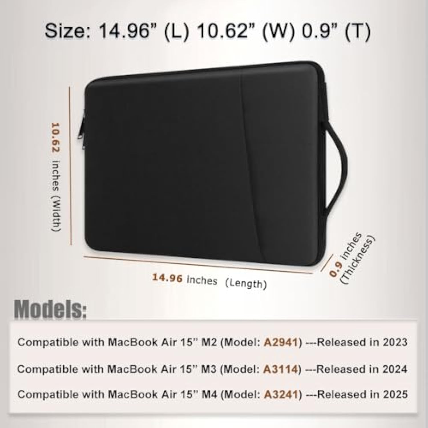 Laptop Sleeve Case For 2025-2023 Macbook Air 15.3 Inches M4 M3 M2 Chip A3241 A3114 A2941 Polyester With Stainless Steel Zipper Handbag Portable Carrying Accessories (Black)