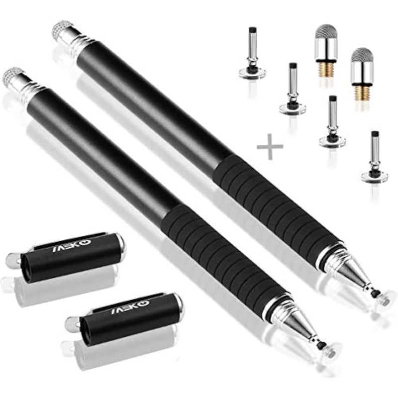 Universal Stylus,[2 In 1 Precision Series] Disc Stylus Touch Screen Pens For All Capacitive Touch Screens Cell Phones, Tablets, Laptops Bundle With 6 Replacement Tips - (2 Pcs, Black/Black)