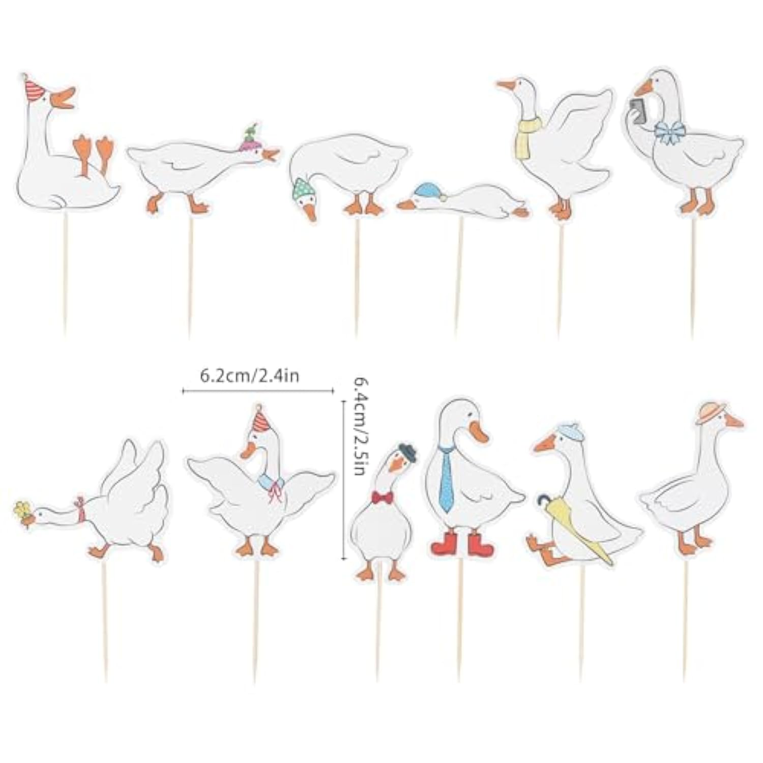 24 Pcs Silly Goose Cupcake Toppers, Cute White Goose Birthday Cake Decorations For Kids Birthday Party Supplies Baby Shower Animal Theme Cake Decor