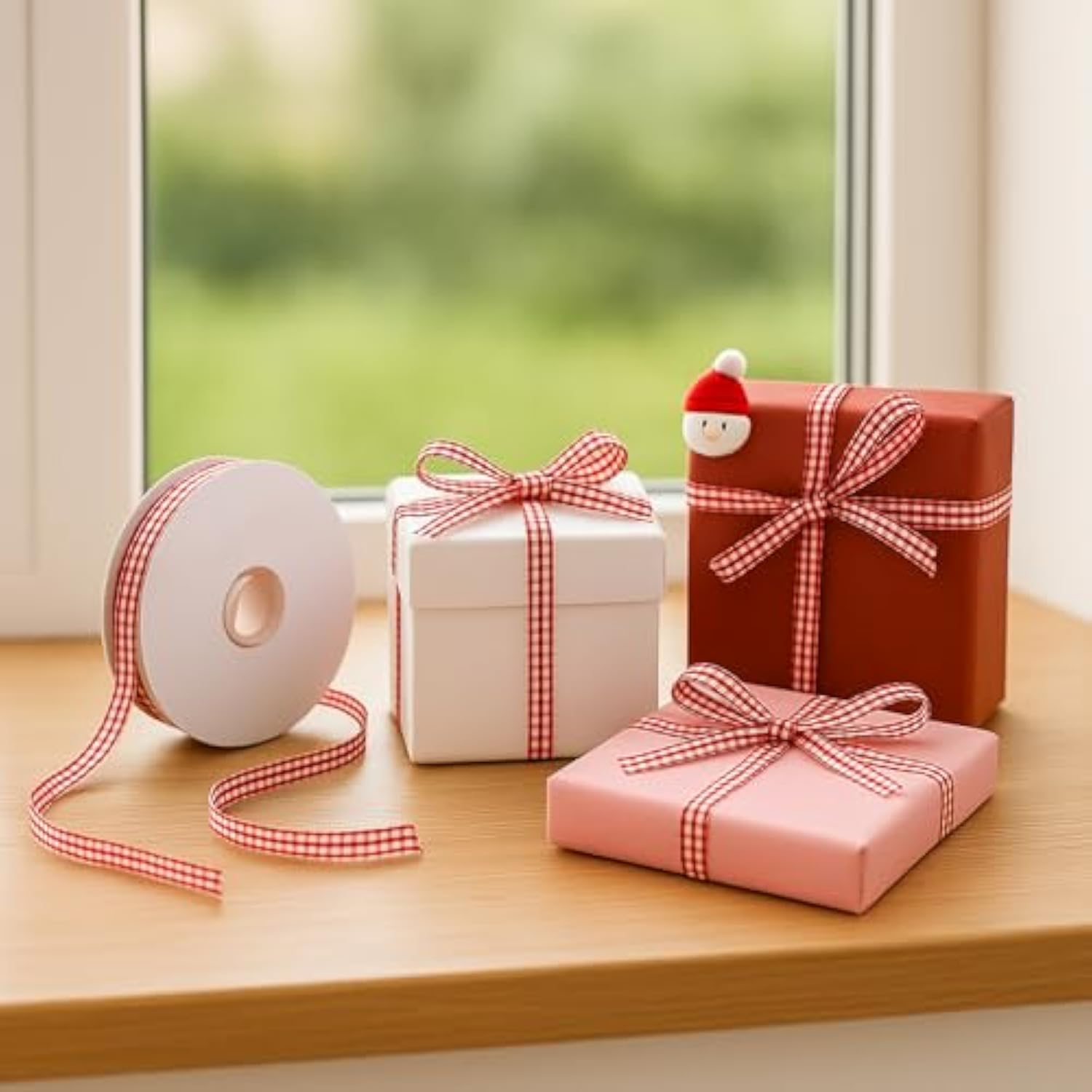 Red Gingham Ribbon, 3/8" X 50Yd Red And White Thin Crafts Ribbon Buffa