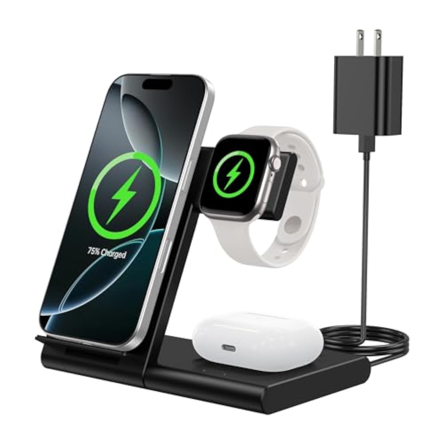 Charging Station For Multiple Devices Apple, Foldable 3 In 1 Wireless Charger For Iphone 16/15/14/13/12/Pro/Max/Plus, Apple Watch 10/9/Ultra/8/7/6/5/4/3/2/Se & Airpods 4/3/2/Pro (Black)