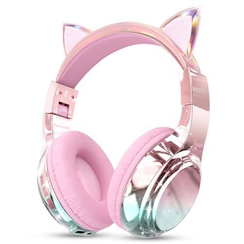 Kids Cat Ear Bluetooth Headphones, 60H Playtime, 74/85/94dB Safe Volume Limit, Metallic Gradient Wireless Headset with Mic, Fast Charging, Foldable,