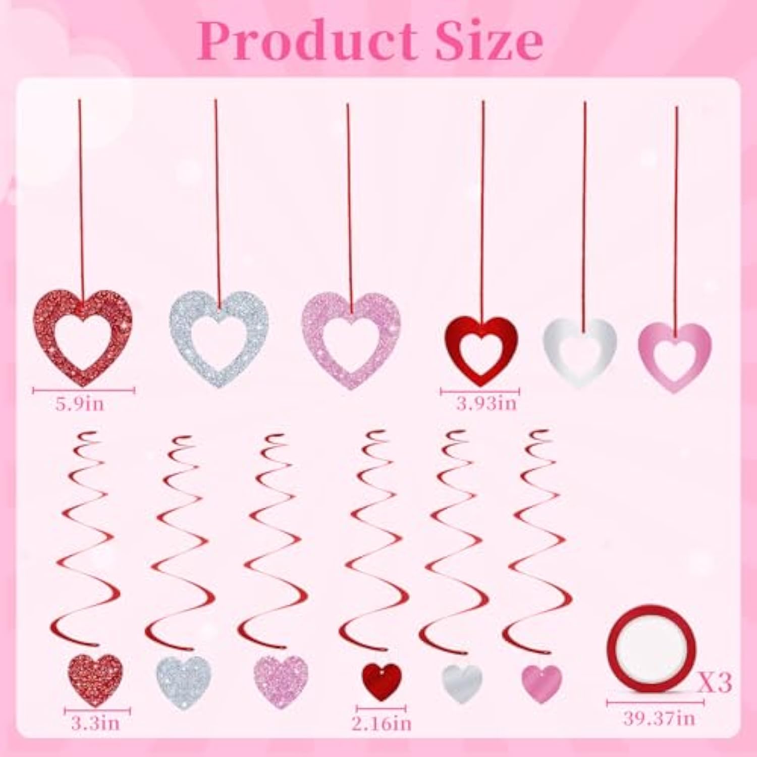 48 Pcs Valentine'S Day Decorations Glitter Valentines Heart Garland Ornament Red Pink Silver Heart Hanging Swirls Ceiling Decorations For Valentines Day Galentines Day Party Supplies